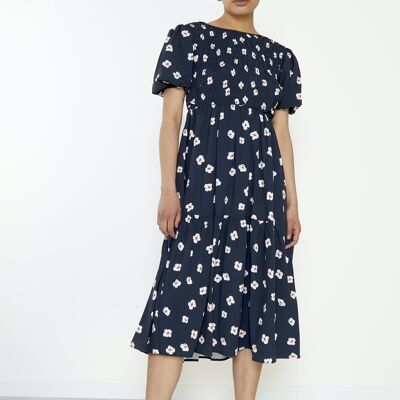 SHIRRED RELAXED FIT MIDAXI DRESS WITH BUBBLE SLEEVES-NAVY HIBISCUS