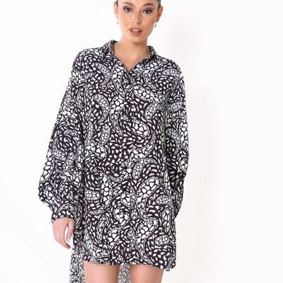 RELAXED MINI SHIRT DRESS WITH LONG SLEEVES-ABSTRACT MONO