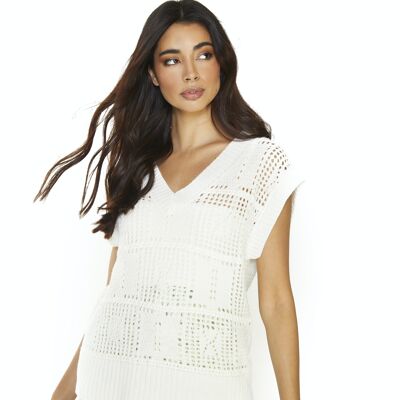 KNITTED SLEEVELESS LOOSE-FIT V-NECK TOP-OFF WHITE