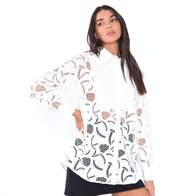 BRODERIE COTTON MIX OVERSIZED LONG LINE SHIRT-WHITE