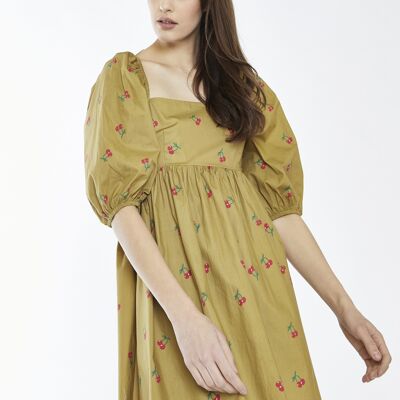 EMPIRE VOLUME DRESS WITH OPEN BACK TIE DETAIL-OLIVE CHERRY PRINT