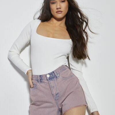 MOM-SHORTS MIT HOHER TAILLE UND ROHEM SAUM – PINK WASH