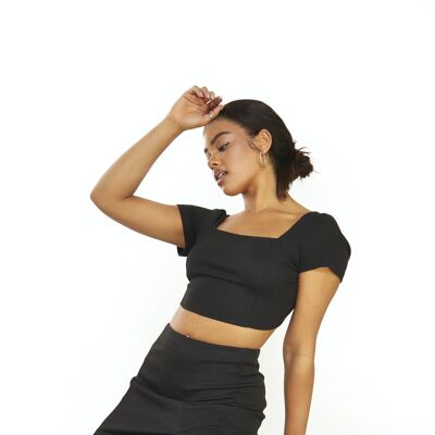 SQUARE NECK CROP TOP WITH TIE BACK-BLACK