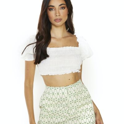 PUFF SLEEVE CROP TOP WITH RUFFLE HEM-OFF WHITE