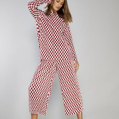 CROPPED WIDE LEG PLISSE TROUSERS-DARK RED CHECK PLISSE