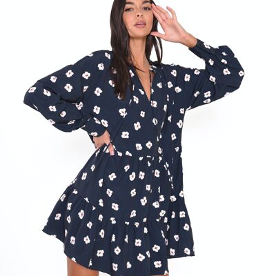 TIERED SMOCK MINI DRESS-NAVY HIBISCUS