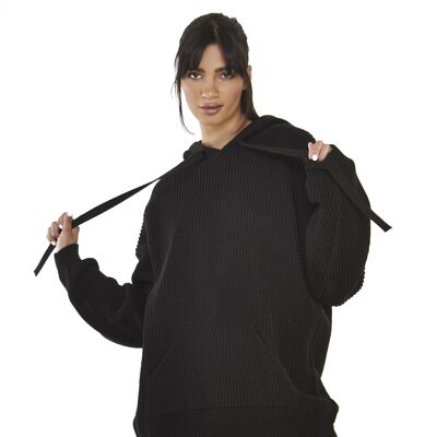 KNITTED LOOSE-FIT HOODED JUMPER-BLACK