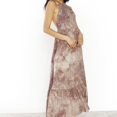 GATHERED HALTER MAXI DRESS-BROWN TIE DYE