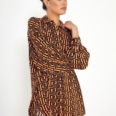 RELAXED MINI SHIRT DRESS WITH LONG SLEEVES-BLACK ORANGE GEOMETRIC