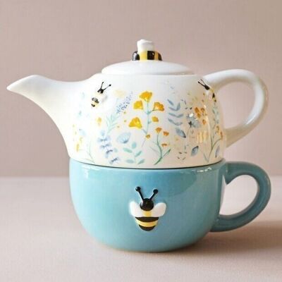Florales Teekannen- und Becher-Set aus Keramik