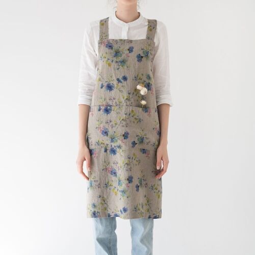 Flowers on Natural Linen Crossback Apron