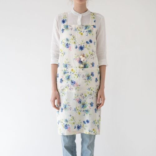 White Flowers Linen Crossback Apron