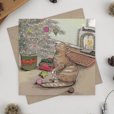 Tarjeta de felicitación de gato y árbol de Navidad