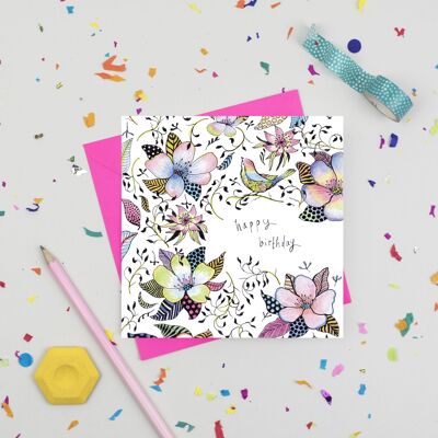 Bird and Flowers Birthday Card