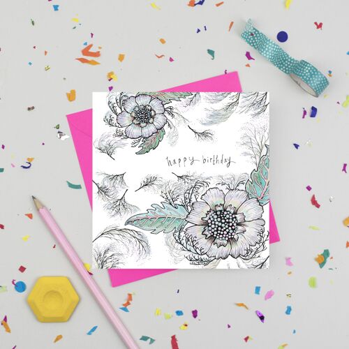 Grey Bold Flowers Birthday Card