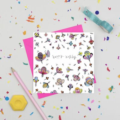 Carte d'anniversaire fleurs et papillons