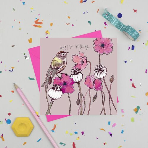 Goldcrest and Poppies Birthday Card
