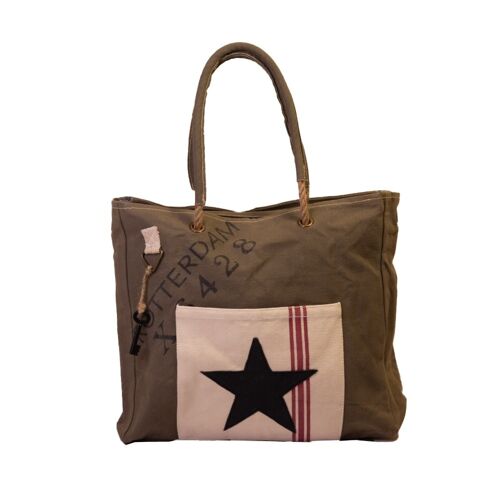 Khaki Black Star Canvas Shopper (590)