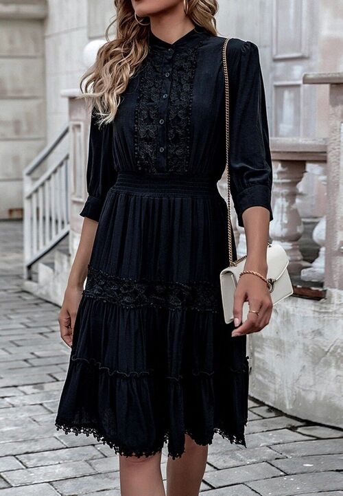 Button Front Lace Detail Dress-Black