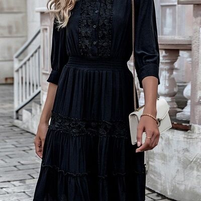Button Front Lace Detail Dress-Black