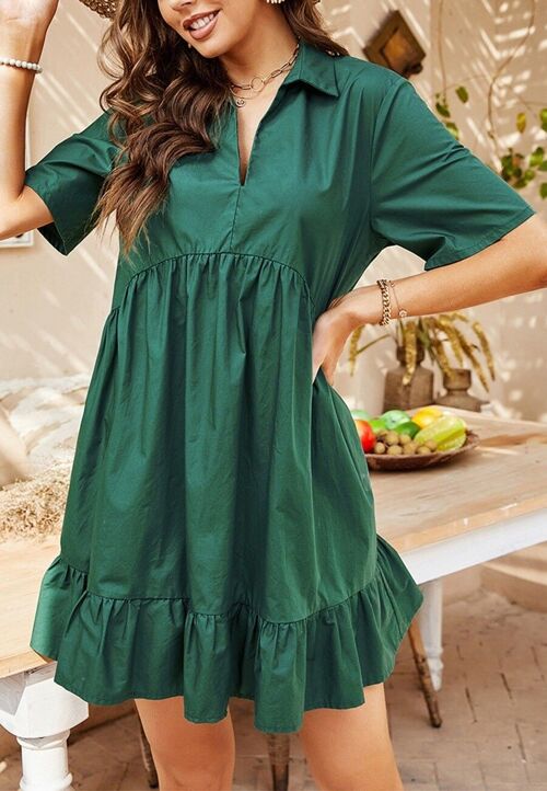 Collared V Neck Ruffle Hem Dress-Green