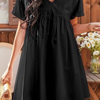 Solides Babydoll-Kleid mit V-Ausschnitt-Schwarz