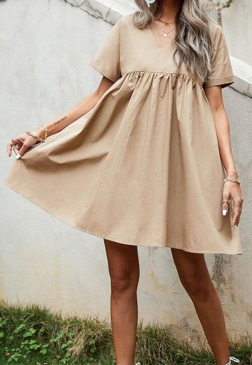 Solid V Neck Babydoll Dress-Beige