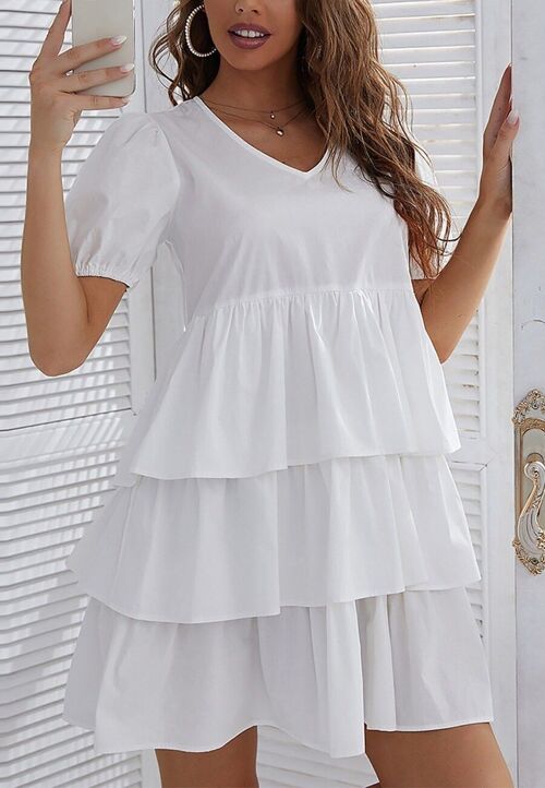 Puff Sleeve Tiered Summer Dress-White