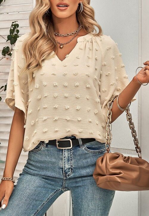 Swiss Dot Slanted Sleeve Blouse-Beige