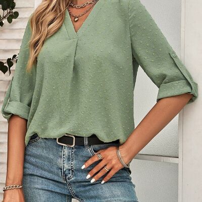 V Neck Button Cuff Sleeve Blouse-Green