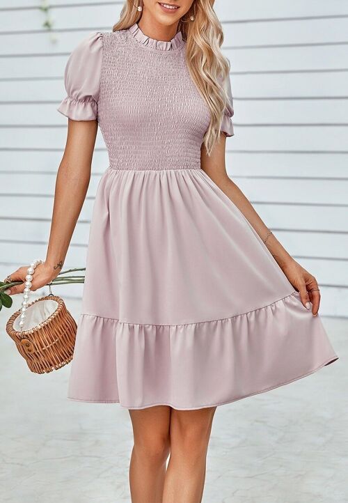 Shirred Puff Sleeve Dress-Pink