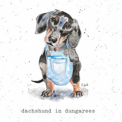 DACHSHUND IN DUNGAREES GREETING CARD