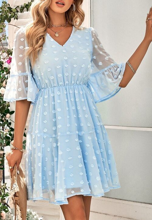 Clip Dot Sheer Sleeve Dress-Light Blue