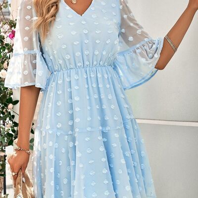Clip Dot Sheer Sleeve Dress-Bleu clair