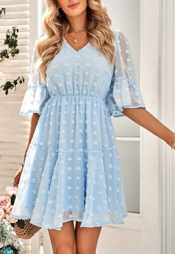 Clip Dot Sheer Sleeve Dress-Bleu clair 3