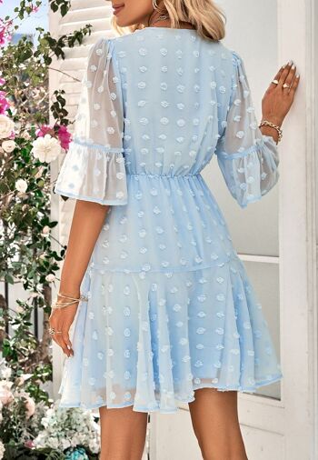 Clip Dot Sheer Sleeve Dress-Bleu clair 4