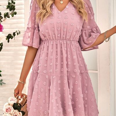 Clip Dot Sheer Sleeve Dress-Pink