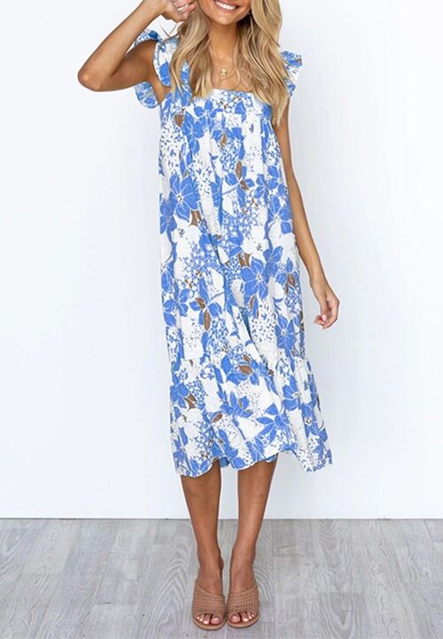 Ruffle Shoulder Floral Summer Dress-Blue