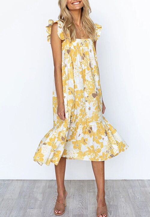 Ruffle Shoulder Floral Summer Dress-Yellow
