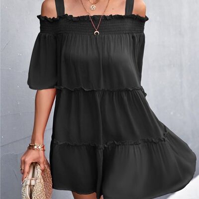 Solid Color Cold Shoulder Dress-Black