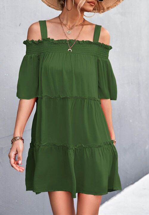 Solid Color Cold Shoulder Dress-Green