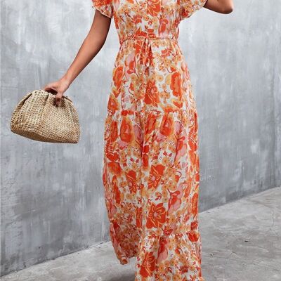 V Neck Tropical Print Maxi Dress-Orange
