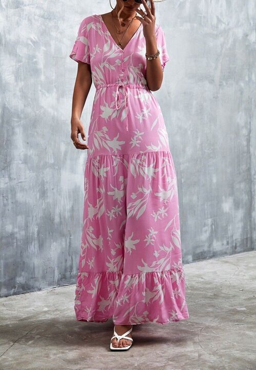 V Neck Tropical Print Maxi Dress-Pink
