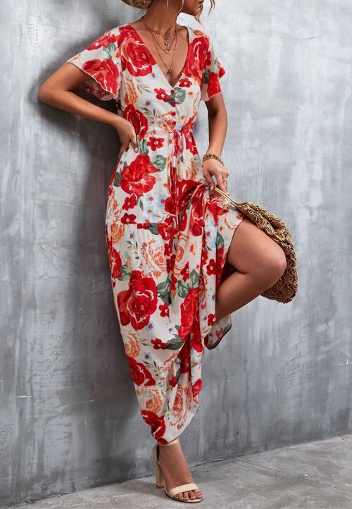 V Neck Tropical Print Maxi Dress-Red