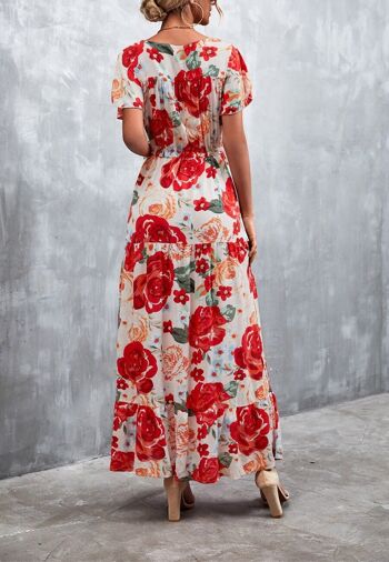 Robe longue à imprimé tropical et col en V-Rouge 5