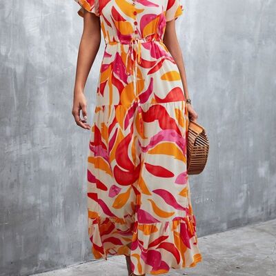 V Neck Tropical Print Maxi Dress-Rustic Red