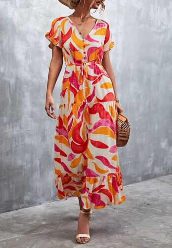 Robe maxi à imprimé tropical et col en V - Rouge rustique 1