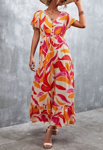 Robe maxi à imprimé tropical et col en V - Rouge rustique 3