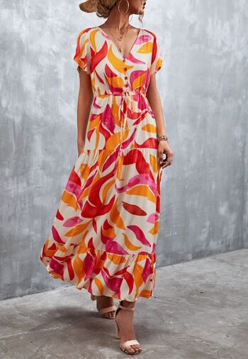 Robe maxi à imprimé tropical et col en V - Rouge rustique 4