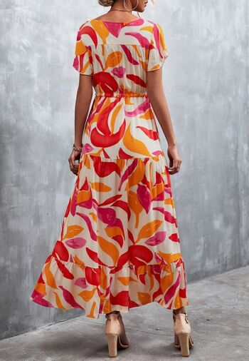 Robe maxi à imprimé tropical et col en V - Rouge rustique 5